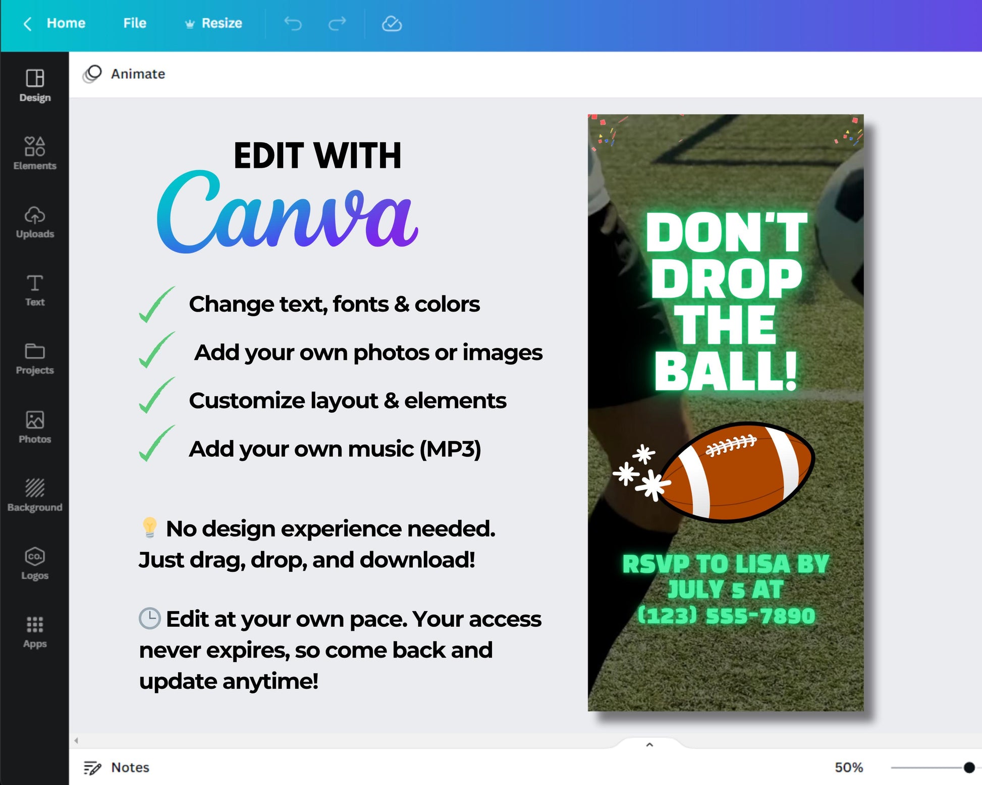 Animated Football Party Invitation, DIY Template Design, Football Birthday Video Invite, Football Theme Event, Premade Sports Party E-invite