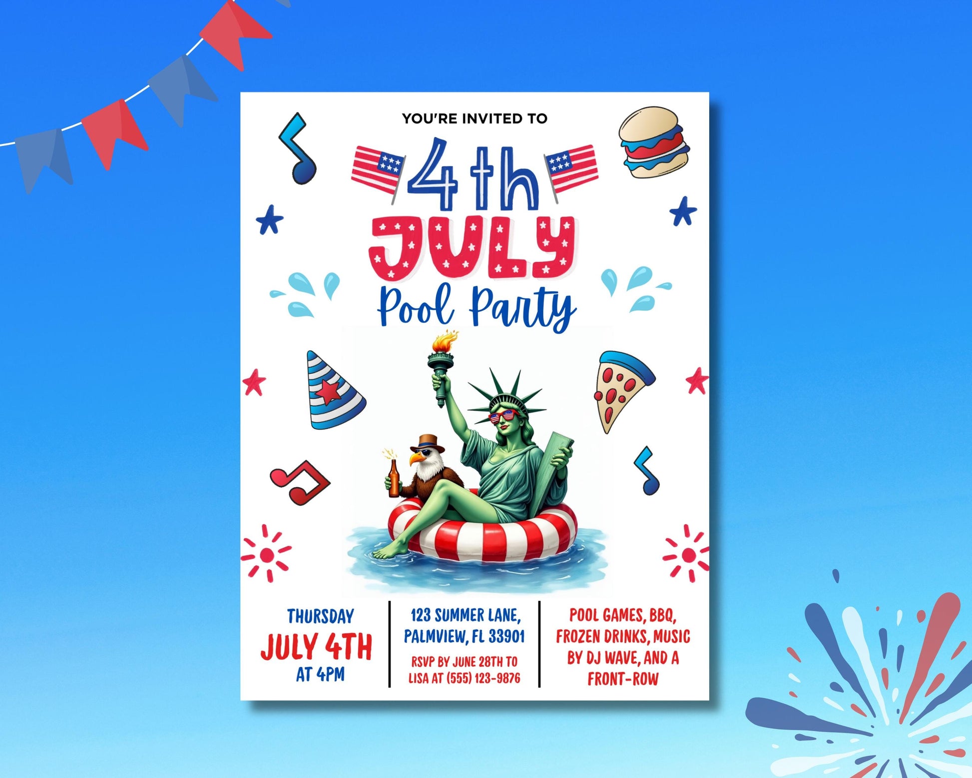 4th of July
Pool Party
Independence Day
July 4th Party
Patriotic Party
BBQ Invitation
Summer Party
Digital Download
Editable Template
Printable Invite
Red White Blue
American Party
Family Party
Kids Party
Pool Party Evite
Customizable Invite
Instant Download
Lady Liberty
Stars Stripes
Summer Fun
Water Party
Outdoor Party
Independence Day celebration
July 4th holiday
Summer bash
Backyard party
BBQ and pool games