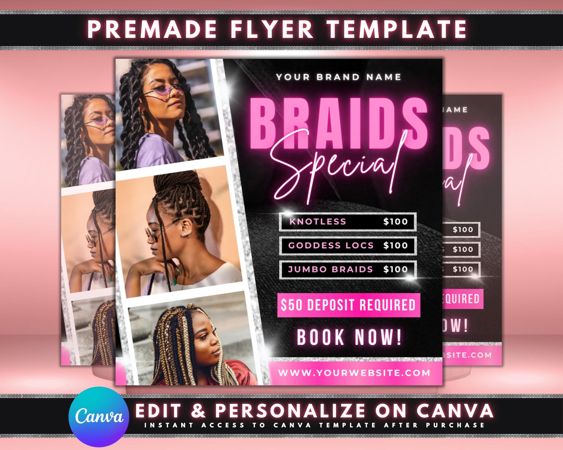 Braids Flyer
Braids Special
Hair Braiding
Hair Stylist
Beauty Salon
Price List
Service Menu
Digital Download
Editable Template
Knotless Braids
Goddess Locs
Jumbo Braids
Hairdresser
Salon Marketing
Business Flyer
Pink Black
Small Business
Beauty Business
Instant Download
Canva Template
Hair Services
Professional
Braids special flyer
Hair braiding price list
Beauty salon flyer template
Hairstylist marketing material