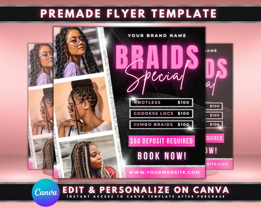 Braids Flyer
Braids Special
Hair Braiding
Hair Stylist
Beauty Salon
Price List
Service Menu
Digital Download
Editable Template
Knotless Braids
Goddess Locs
Jumbo Braids
Hairdresser
Salon Marketing
Business Flyer
Pink Black
Small Business
Beauty Business
Instant Download
Canva Template
Hair Services
Professional
Braids special flyer
Hair braiding price list
Beauty salon flyer template
Hairstylist marketing material