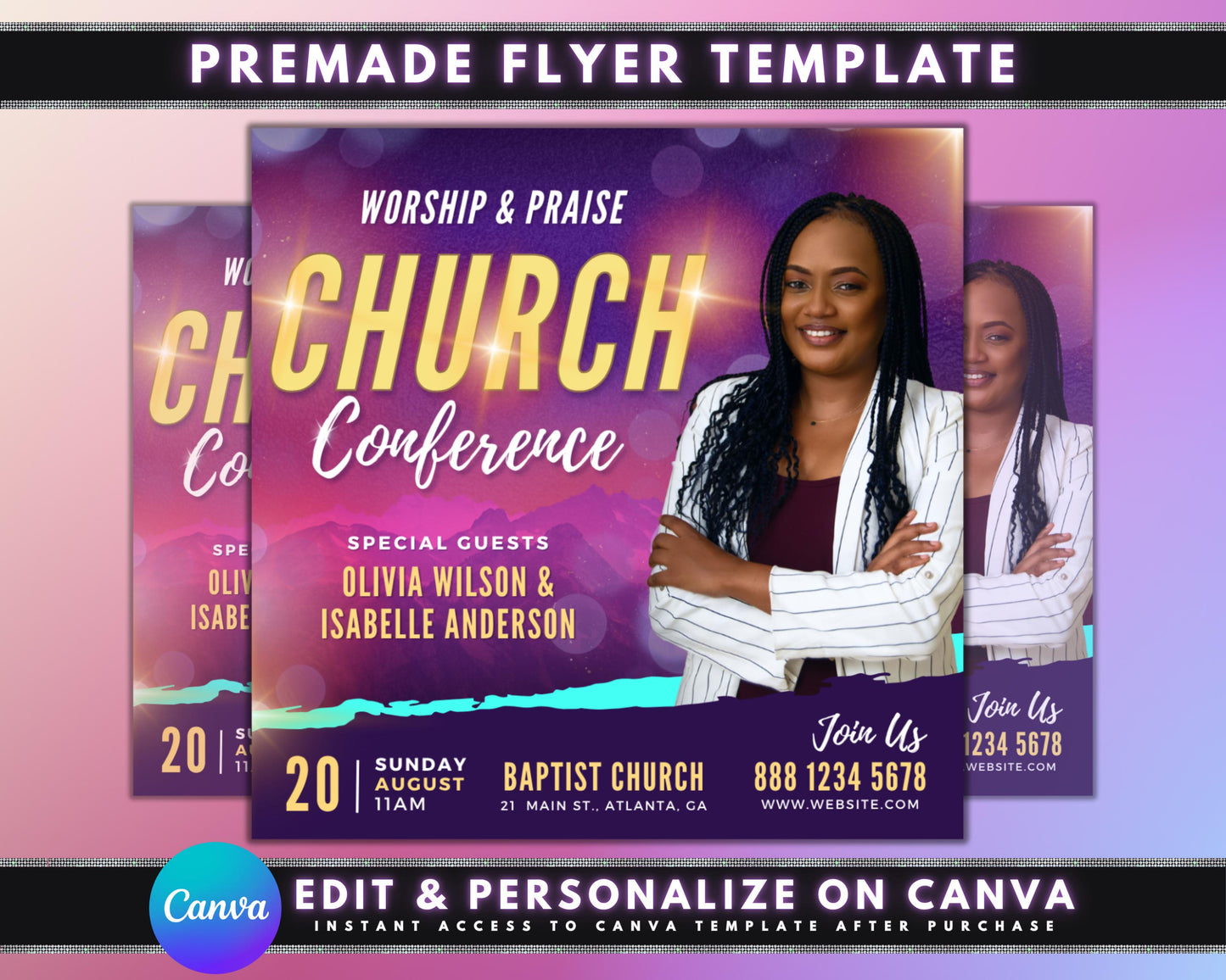 church flyer
church conference
worship praise
christian event
gospel concert
ministry flyer
event flyer
digital download
editable template
revival flyer
guest speaker
faith based
bible study
church promotion
modern church
purple flyer
instant download
canva template
spiritual event
religious flyer
church marketing
sermon announcement
conference details
worship service promotion