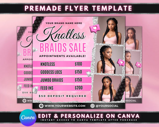 Knotless Braids Flyer, DIY Flyer Template Design, Braids Sale Price List, Braids Appointments, Premade Hair Braiding Salon Beauty Promotion