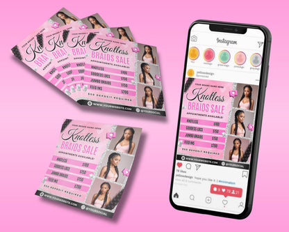 Knotless Braids Flyer, DIY Flyer Template Design, Braids Sale Price List, Braids Appointments, Premade Hair Braiding Salon Beauty Promotion