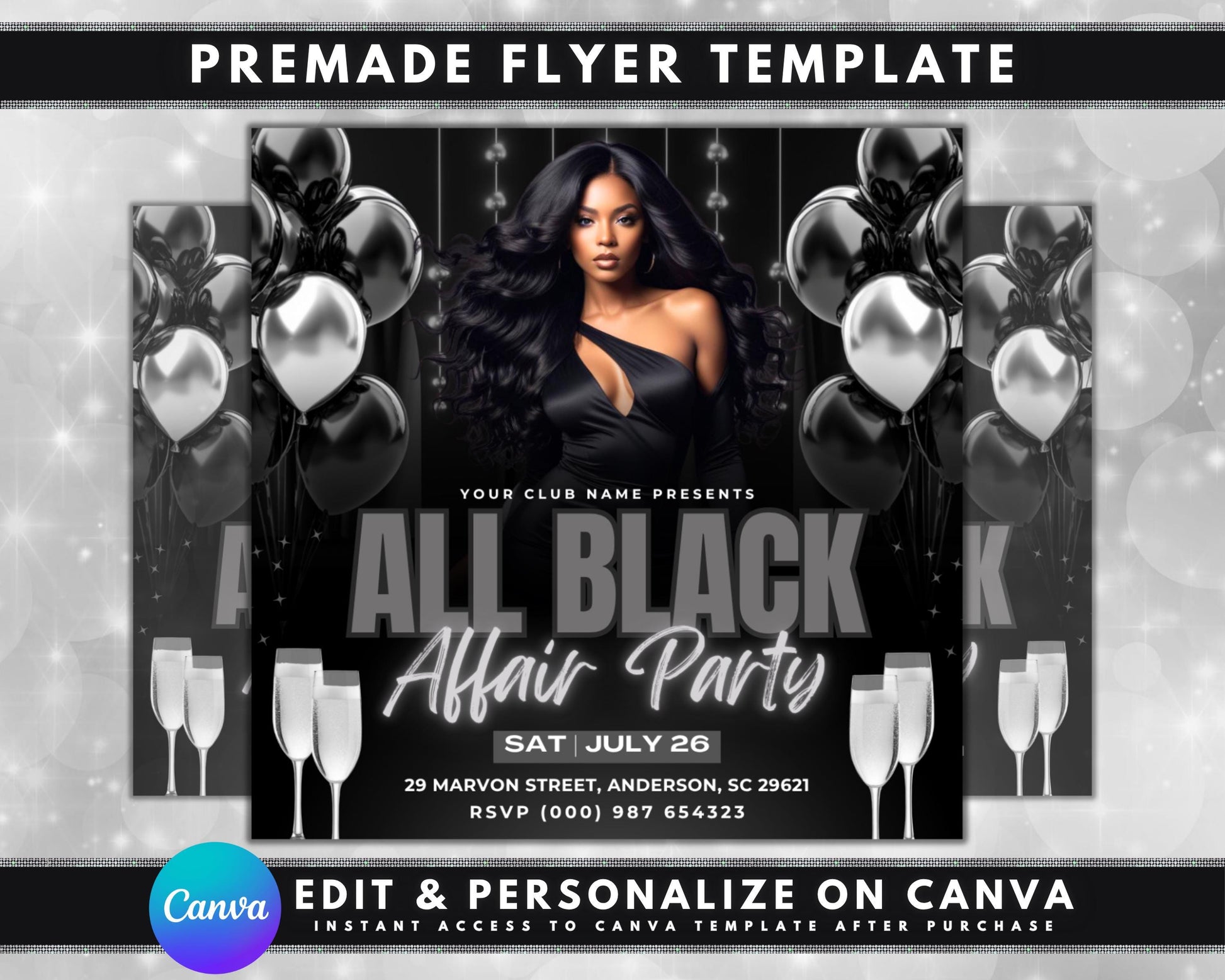All Black Party Flyer, DIY Flyer Template Design, Club Night Party, Black Theme Invite, Premade Promotional Night Club Event Party Flyer