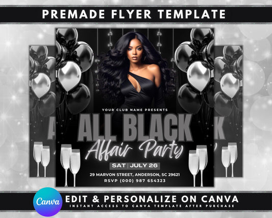 All Black Party Flyer, DIY Flyer Template Design, Club Night Party, Black Theme Invite, Premade Promotional Night Club Event Party Flyer