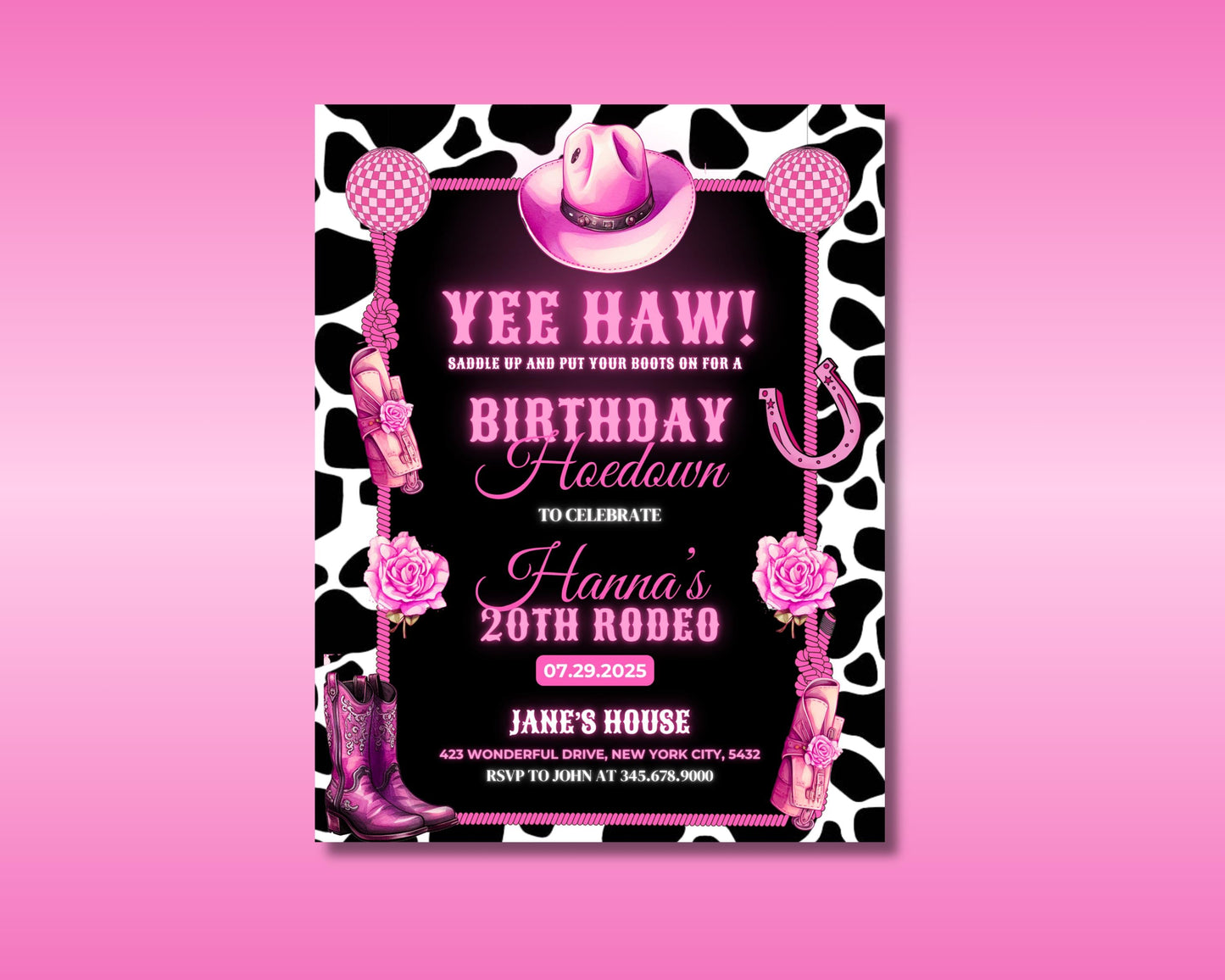 pink hoedown
western party
cowgirl party
birthday invitation
rodeo party
barn dance
digital download
editable template
printable invite
adult birthday
20th birthday (specific to example)
yee haw
saddle up
boots on
rustic party
country party
girls birthday
custom invitation
instant download
black pink
party flyer