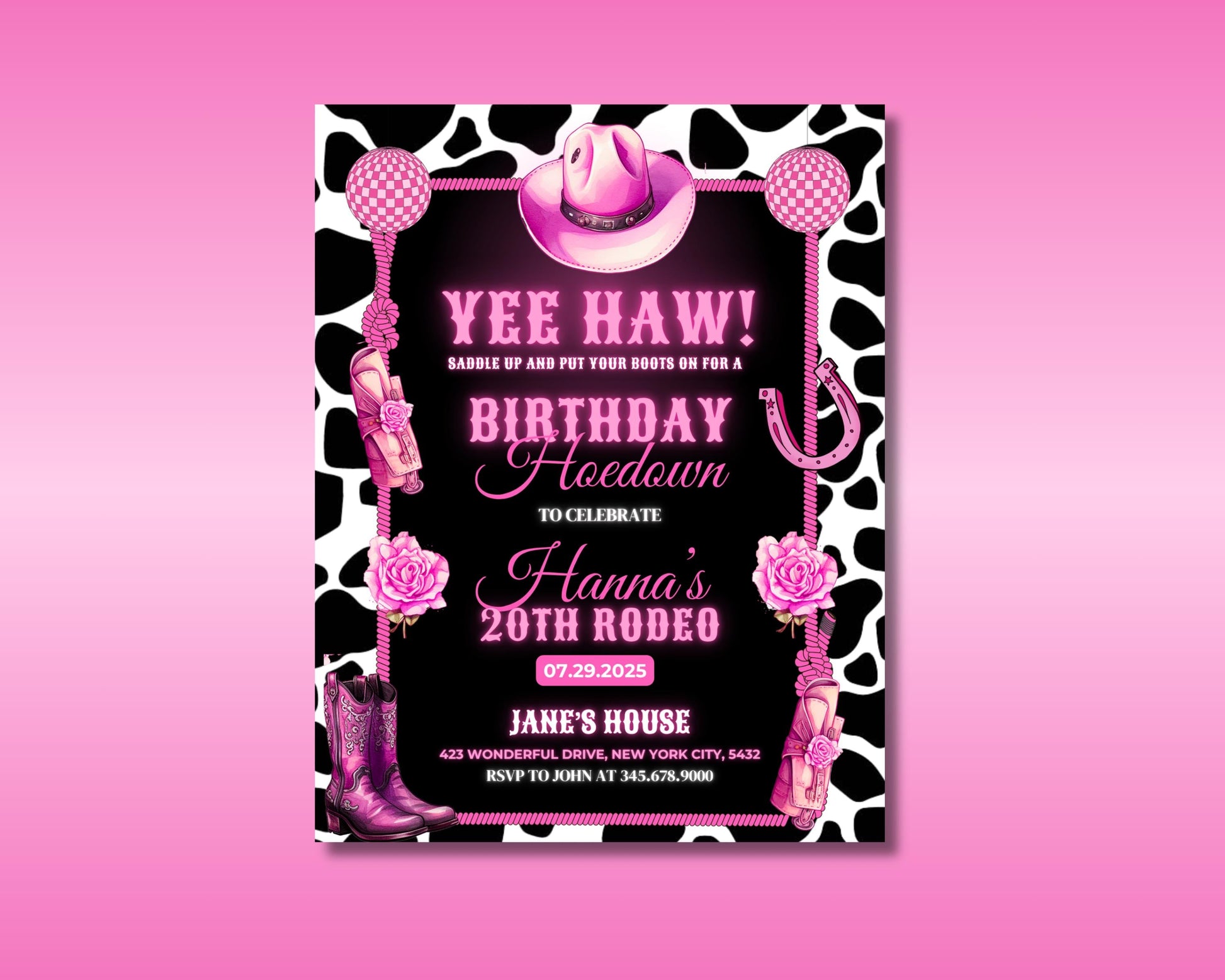 Pink Hoedown
Western Party
Cowgirl Party
Birthday Invitation
Rodeo Party
Barn Dance
Digital Download
Editable Template
Printable Invite
Adult Birthday
20th Birthday (specific to example)
Yee Haw
Saddle Up
Boots On
Rustic Party
Country Party
Girls Birthday
Custom Invitation
Instant Download
Black Pink
Party Flyer