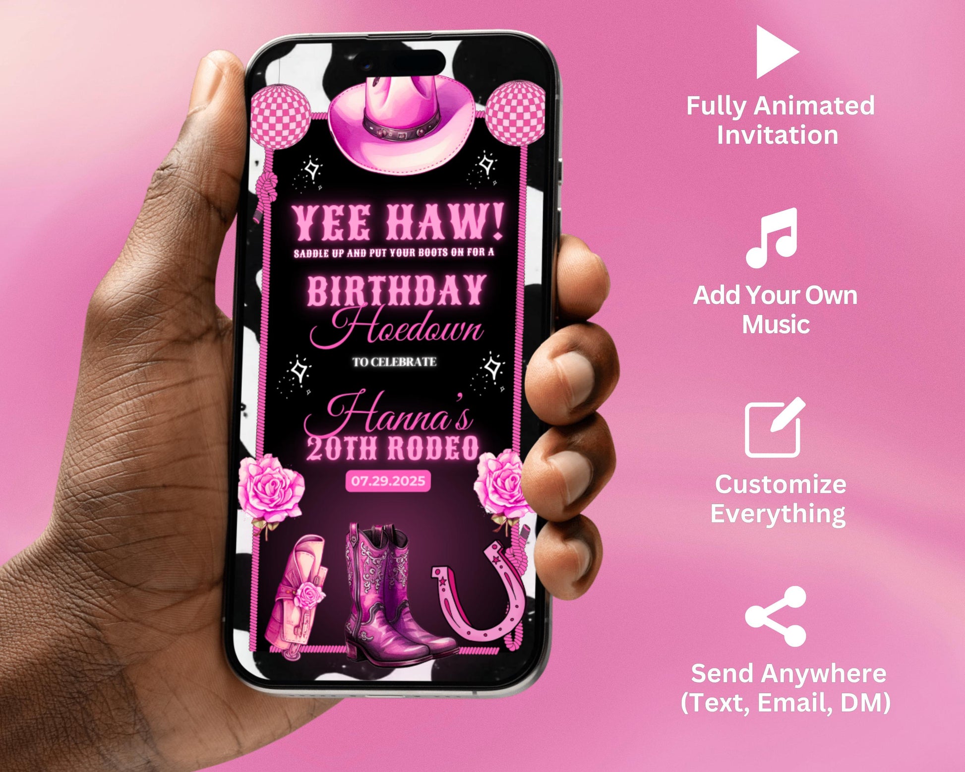 Animated Pink Hoedown Invitation, DIY Template Design, Wild West Video Invite, Cowboy Themed Evite, Premade Country Western Celebration