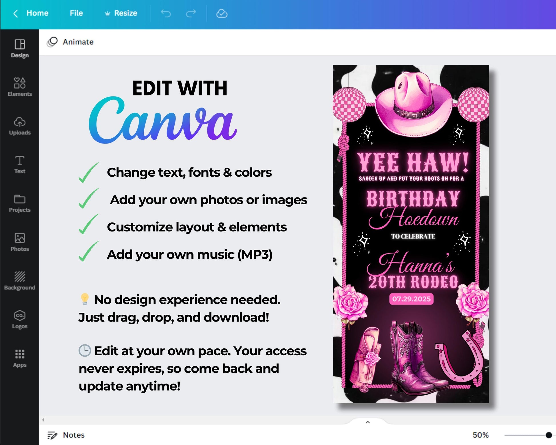 Animated Pink Hoedown Invitation, DIY Template Design, Wild West Video Invite, Cowboy Themed Evite, Premade Country Western Celebration