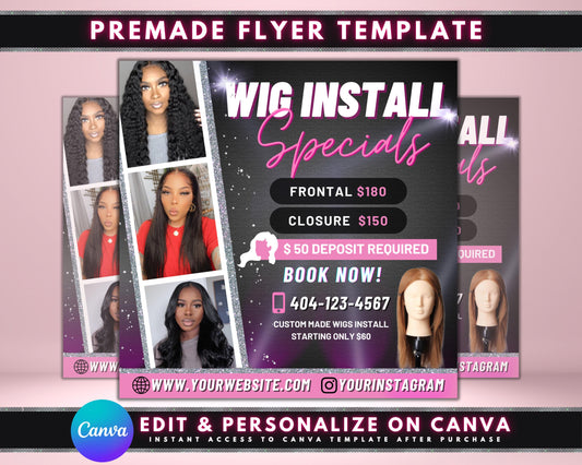 Wig Install Flyer, DIY Flyer Template Design, Hair Appointment Flyer, Wig Install Special Deals Flyer, Premade Hairstylist Services Flyer