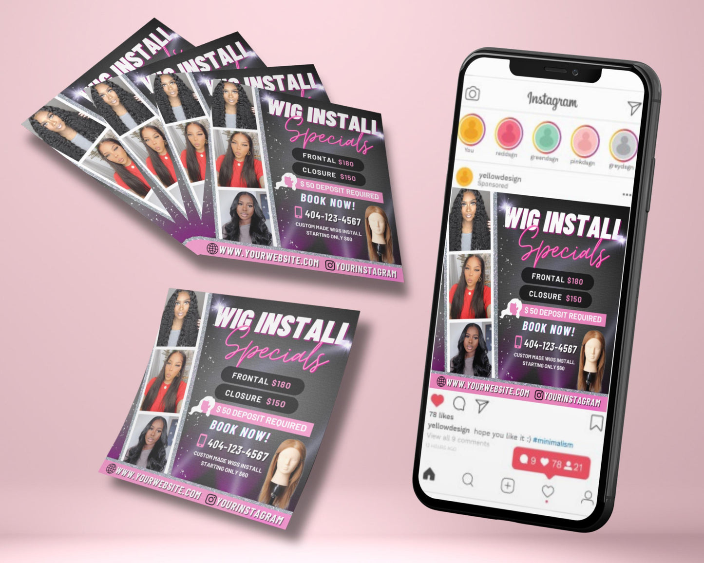 wig install flyer, diy flyer template design, hair appointment flyer, wig install special deals flyer, premade hairstylist services flyer