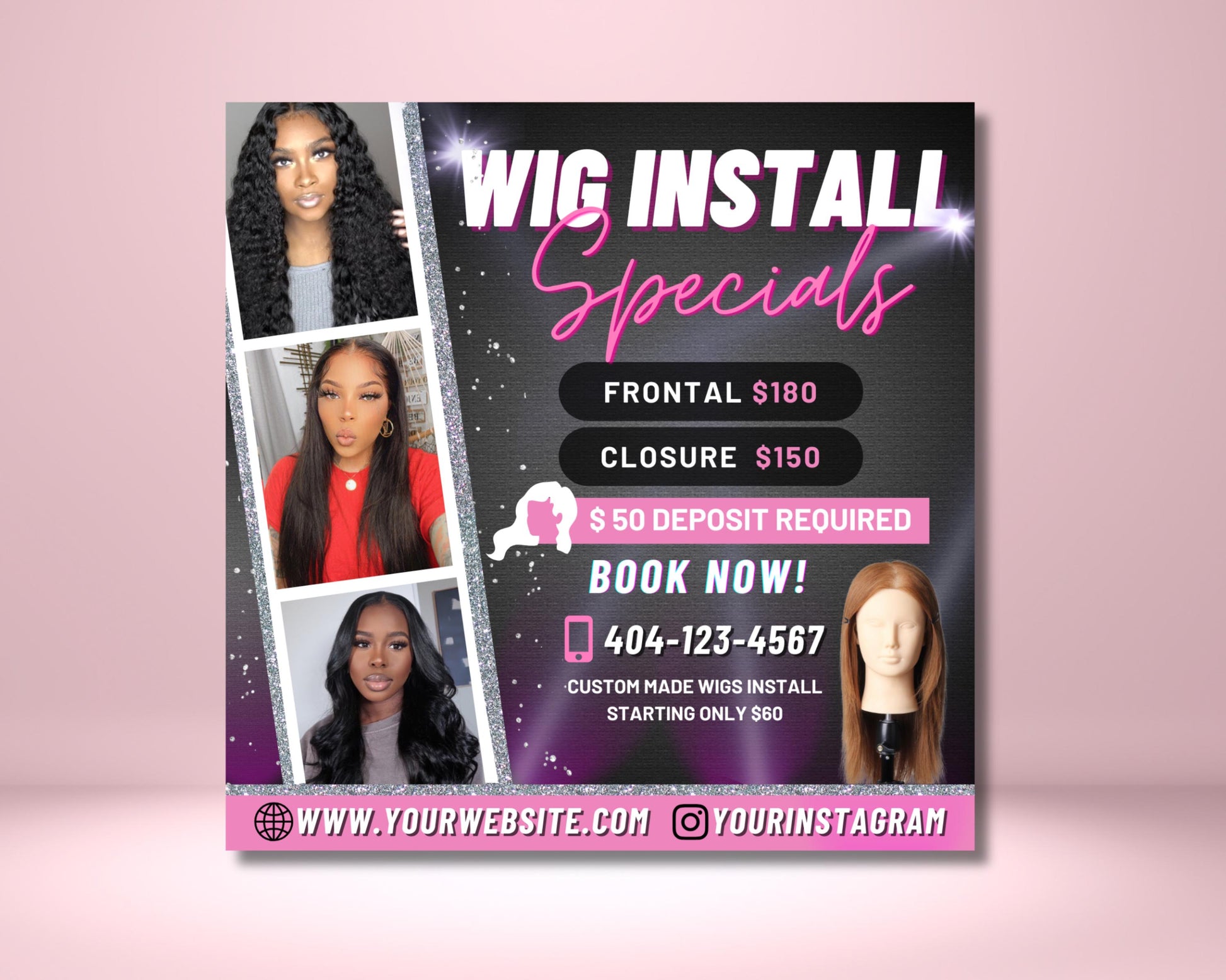 Wig Install Flyer, DIY Flyer Template Design, Hair Appointment Flyer, Wig Install Special Deals Flyer, Premade Hairstylist Services Flyer