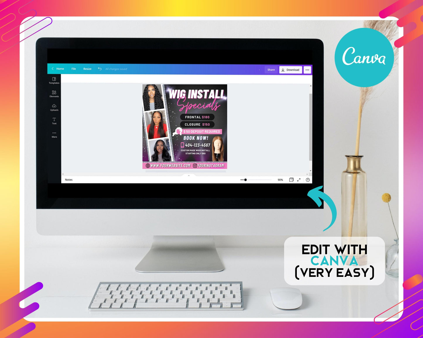 wig install flyer, diy flyer template design, hair appointment flyer, wig install special deals flyer, premade hairstylist services flyer