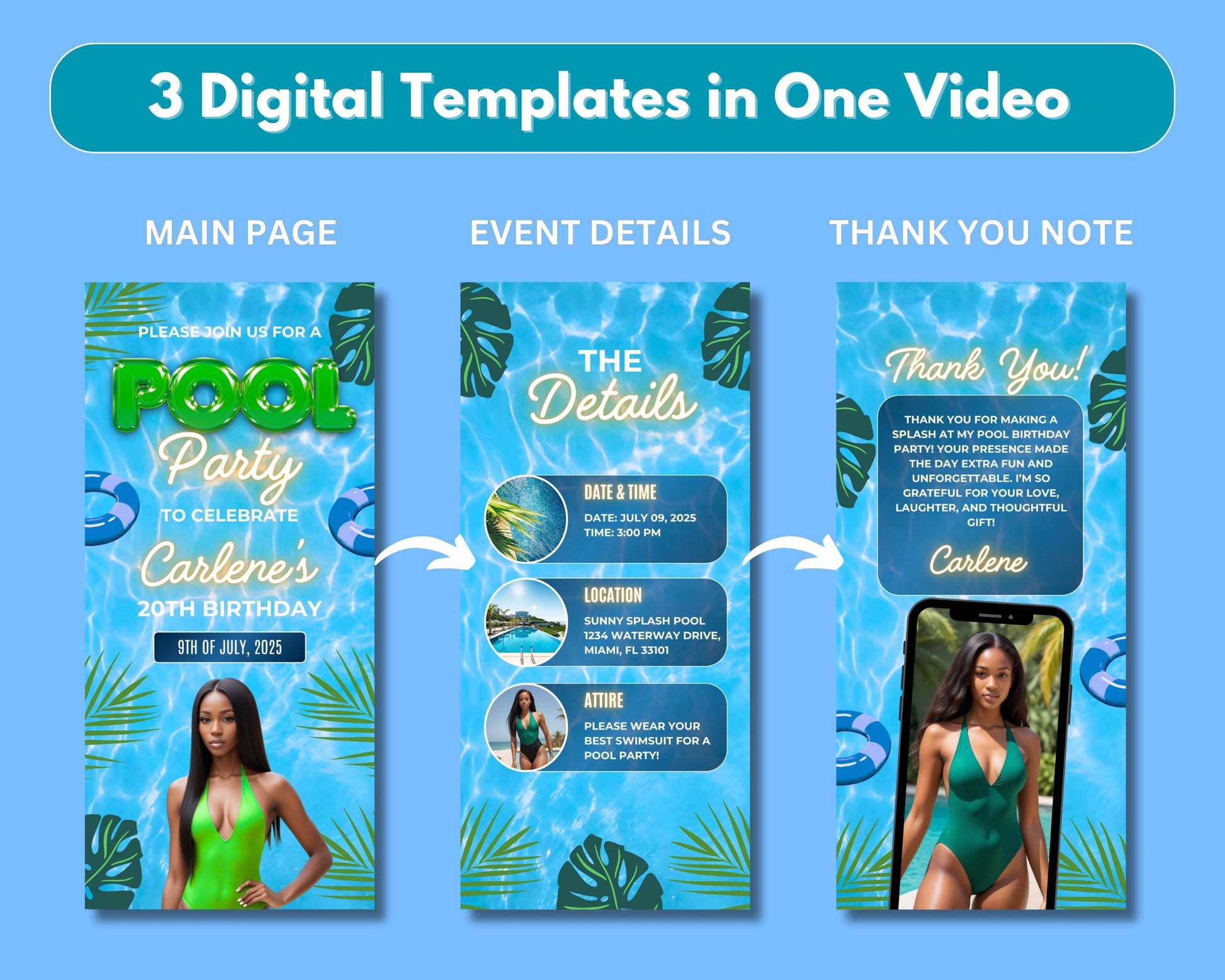 Animated Pool Party Birthday Invitation, DIY Template Design, Pool Party Video Invite, Digital Bday Invite, Premade Swim Party Celebration