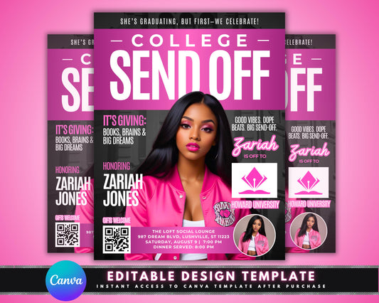 College Send Off
Graduation Party
Send Off Flyer
College Bound
Graduate Party
Editable Flyer
Canva Template
Digital Invite
Pink Flyer
University Party
High School Grad
Farewell Party
Student Life
Party Invitation
Custom Flyer
Instant Download
Customizable University Send Off Event Flyer
High School Graduate College Bound Party Invite
Big Send-Off Celebration Flyer Template for Her