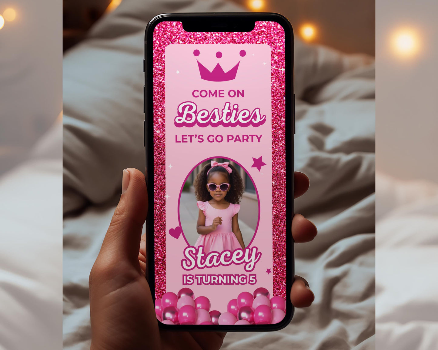 animated fashion doll invitation, diy template design, glam doll birthday video invite, pink glitter doll party, premade girls' birthday
