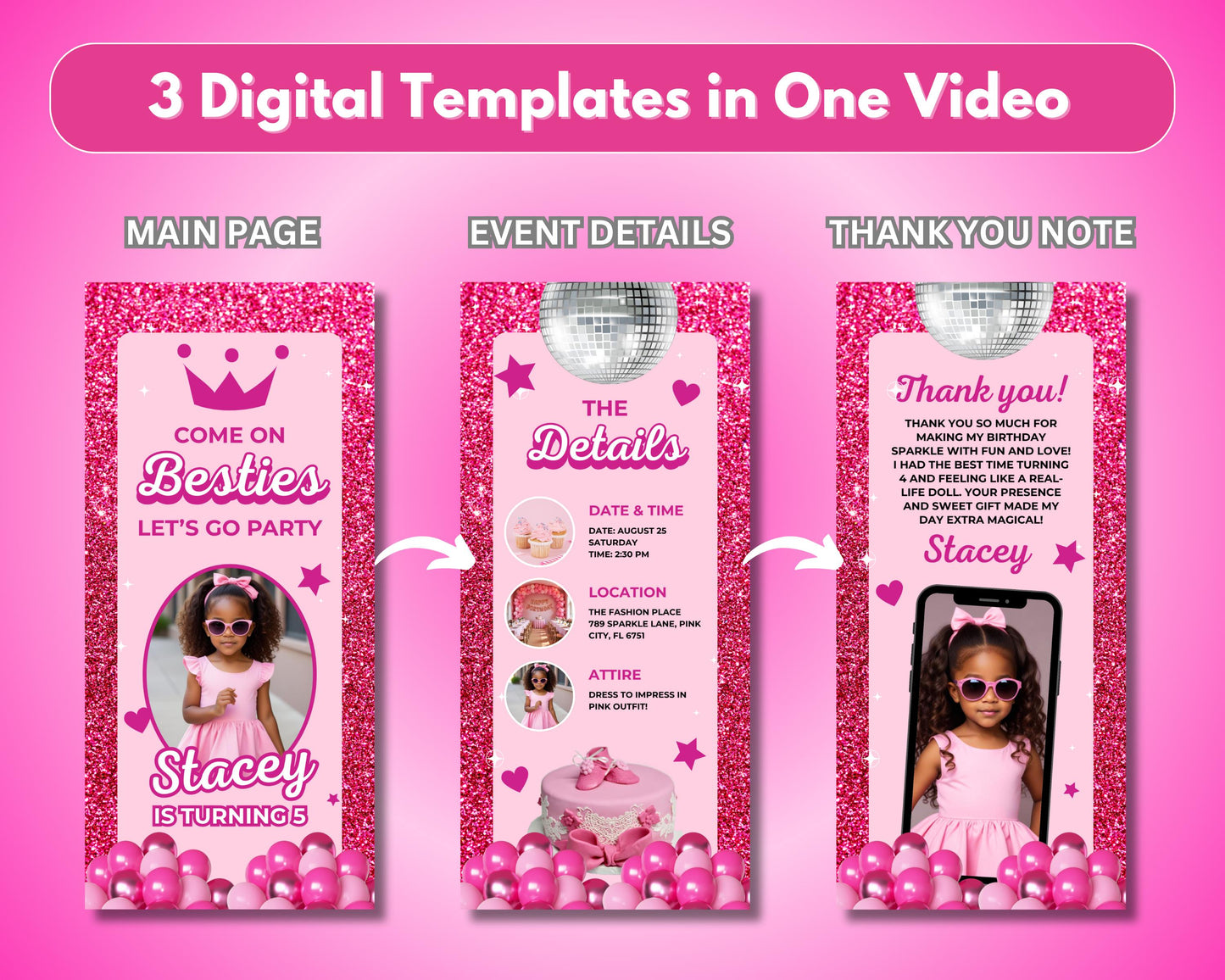 animated fashion doll invitation, diy template design, glam doll birthday video invite, pink glitter doll party, premade girls' birthday