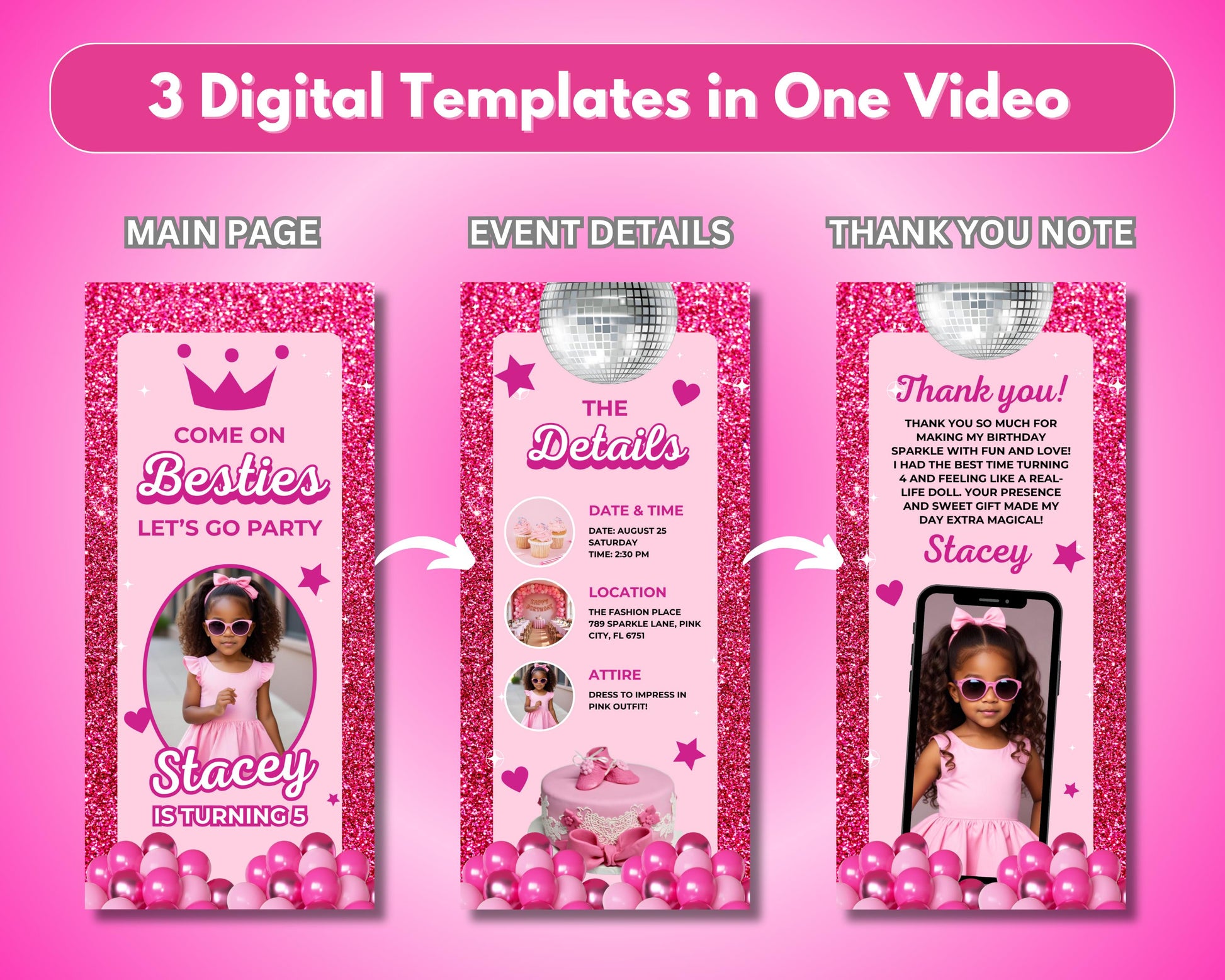 Animated Fashion Doll Invitation, DIY Template Design, Glam Doll Birthday Video Invite, Pink Glitter Doll Party, Premade Girls' Birthday