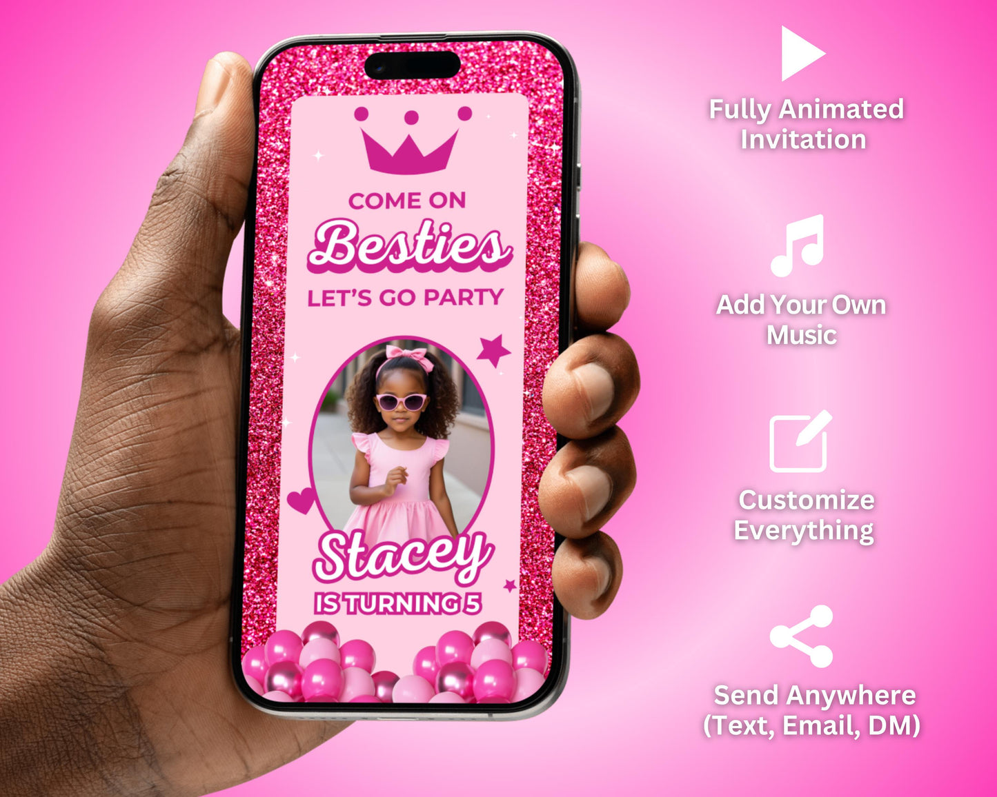 animated fashion doll invitation, diy template design, glam doll birthday video invite, pink glitter doll party, premade girls' birthday