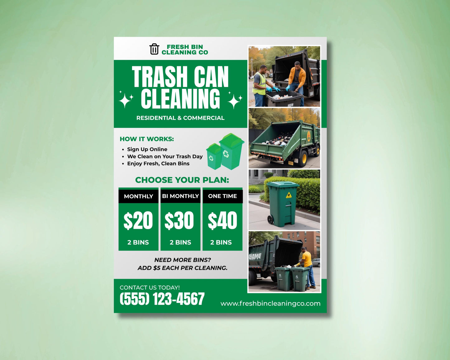 editable trash can cleaning flyer template
residential and commercial bin cleaning service flyer
digital garbage can cleaning advertisement download
instant download wheelie bin cleaning service flyer
customizable fresh bin cleaning co flyer template
monthly bi-monthly one time trash can cleaning plan
professional curbside trash bin cleaning service flyer
green cleaning business flyer for sanitation services
add more bins cleaning service flyer