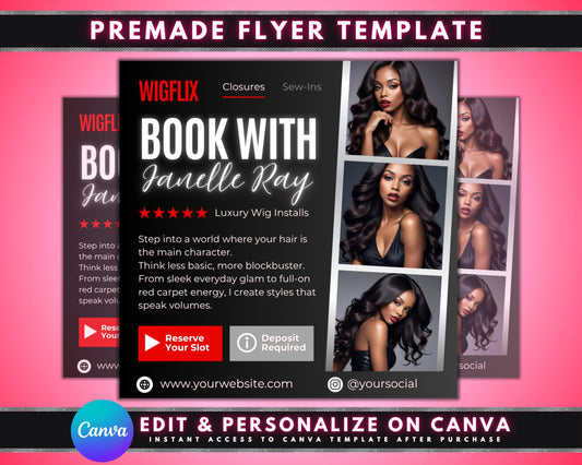 Wigflix Bookings
Wig Installs
Hair Stylist
Hair Booking
Closures
Sew-Ins
Editable Flyer
Canva Template
Digital Download
Luxury Wigs
Hair Business
Salon Marketing
Book Now
Wig Maker
Hair Extensions
Beauty Salon
Deposit Required
Hair Extension Specialist Flyer
Beauty Salon Wig Services
Online Wig Booking Flyer Template
Netflix Inspired Hair Business Flyer