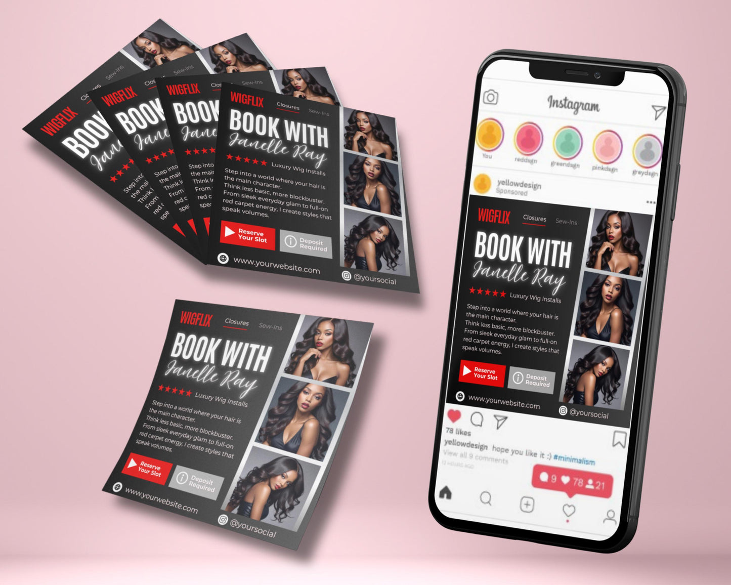 wigflix bookings
wig installs
hair stylist
hair booking
closures
sew-ins
editable flyer
canva template
digital download
luxury wigs
hair business
salon marketing
book now
wig maker
hair extensions
beauty salon
deposit required
hair extension specialist flyer
beauty salon wig services
online wig booking flyer template
netflix inspired hair business flyer