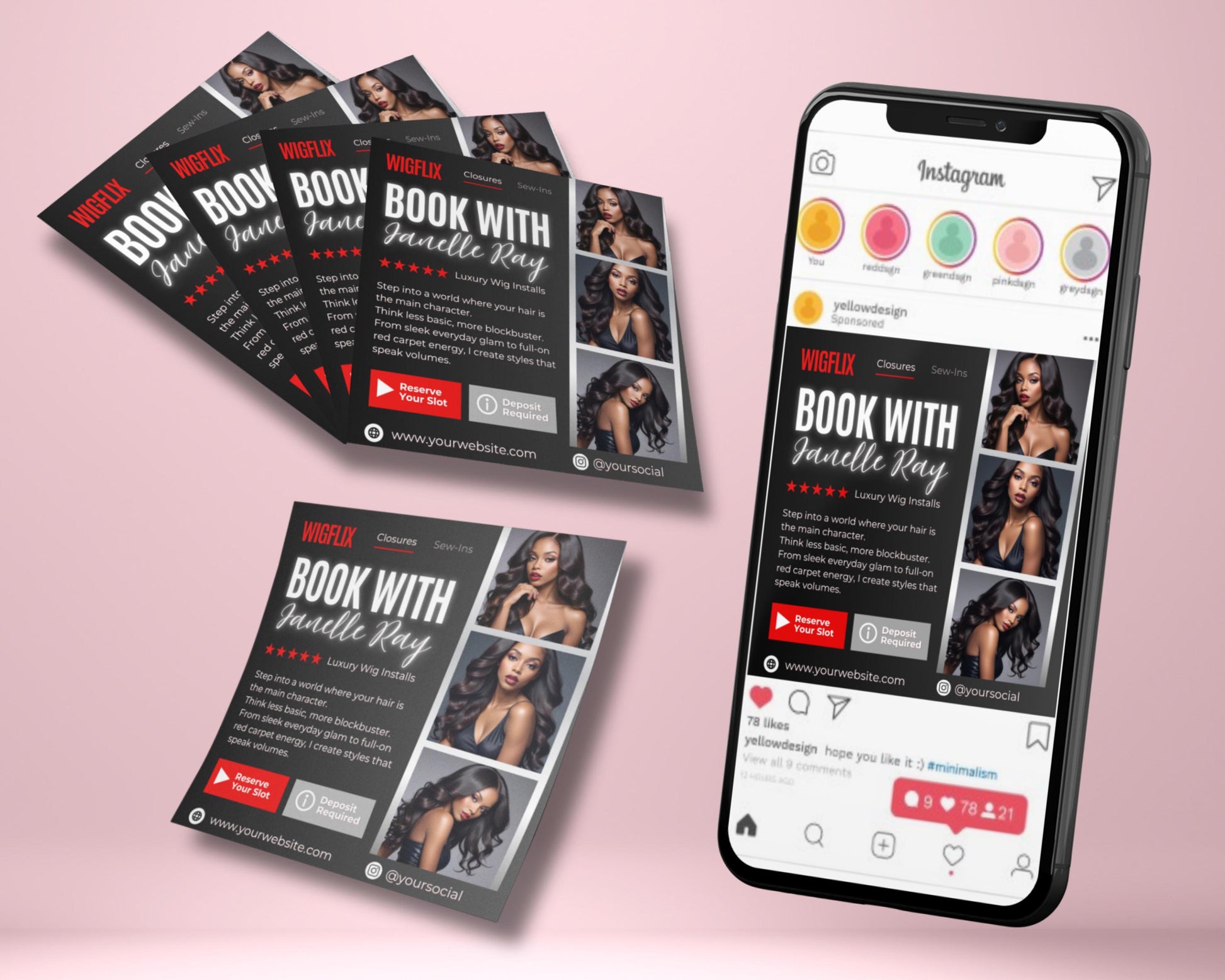 Wigflix Bookings
Wig Installs
Hair Stylist
Hair Booking
Closures
Sew-Ins
Editable Flyer
Canva Template
Digital Download
Luxury Wigs
Hair Business
Salon Marketing
Book Now
Wig Maker
Hair Extensions
Beauty Salon
Deposit Required
Hair Extension Specialist Flyer
Beauty Salon Wig Services
Online Wig Booking Flyer Template
Netflix Inspired Hair Business Flyer