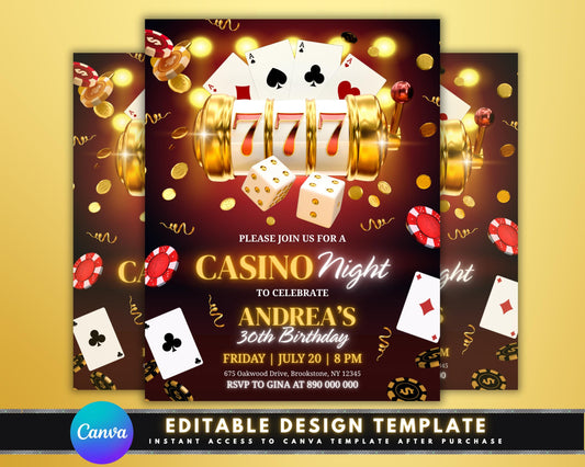 Casino Night
Casino Party
Birthday Invite
Gambling Theme
Vegas Party
Poker Night
Digital Invite
Editable Invite
Canva Template
Party Invitation
Fundraiser Invite
Adult Birthday
Slot Machine
Poker Chips
Dice Game
Black Red Gold
Event Flyer
Custom Invite
Editable Casino Night Party Invitation Template
Digital Gambling Theme Birthday Invite Download
Customizable Vegas Casino Party Invitation
Casino Royale Themed Birthday Party Invitation
30th Birthday Casino Night Invite for Her/Him