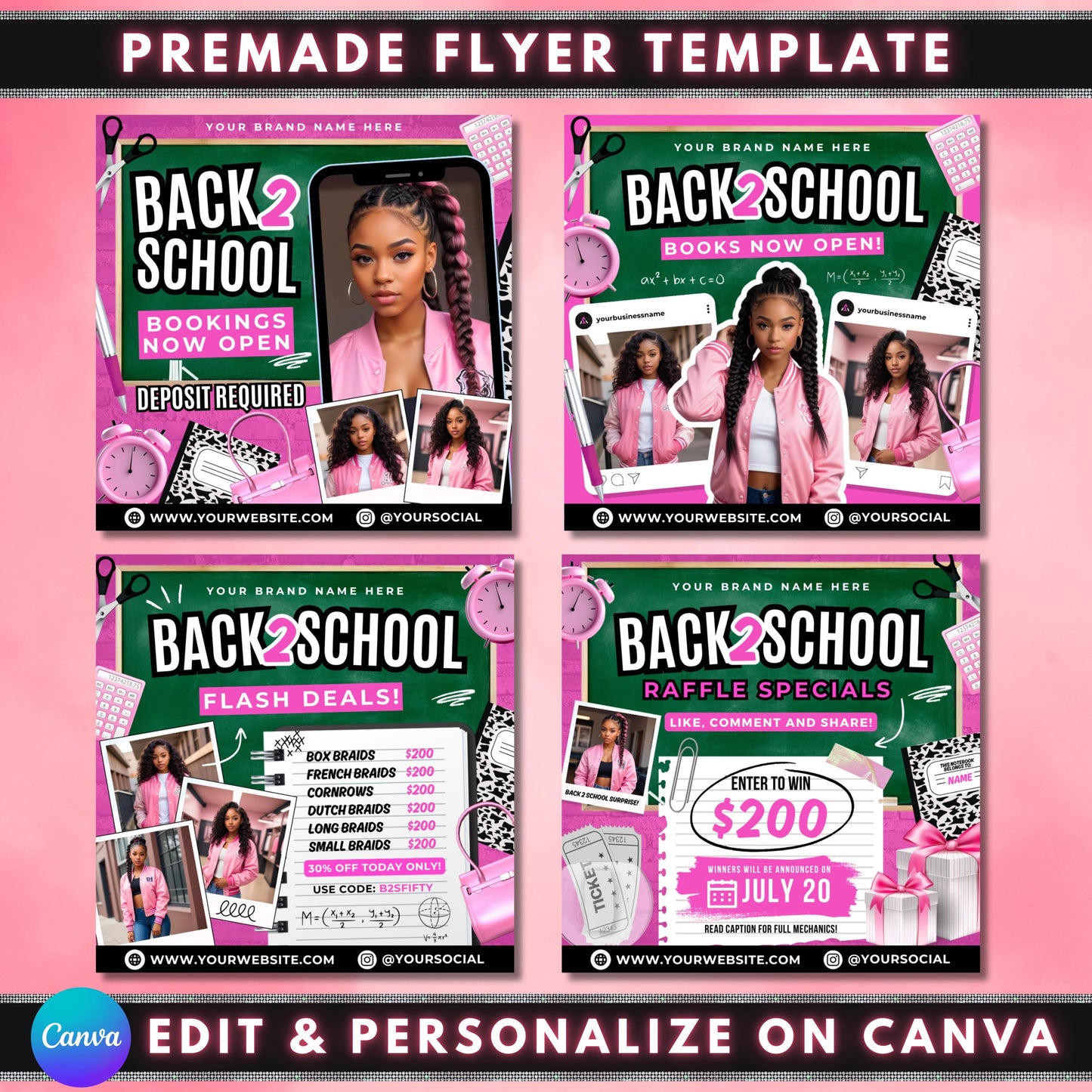 4x back to school beauty flyer, diy flyer template design, school hair specials flyer, back 2 school bookings, premade back to school raffle