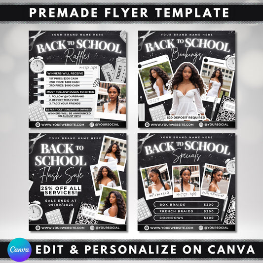 Back to School
Hair Braids
Hair Stylist
Beauty Flyer
Editable Template
Digital Flyer
Canva Template
Bookings Open
Flash Deals
Raffle Flyer
Student Discount
Kids Hair
Braider Marketing
Salon Promotion
Student Haircut & Style Discount Flyer
Kids Back to School Hair Braiding Flyer
Back to School Flash Sale Hair Services Flyer
Enter to Win Hair Raffle Back to School Flyer
Hair Braids Price List Back to School Flyer
School Year Hair Appointments Flyer
Back to School Hair Care Promotion Flyer