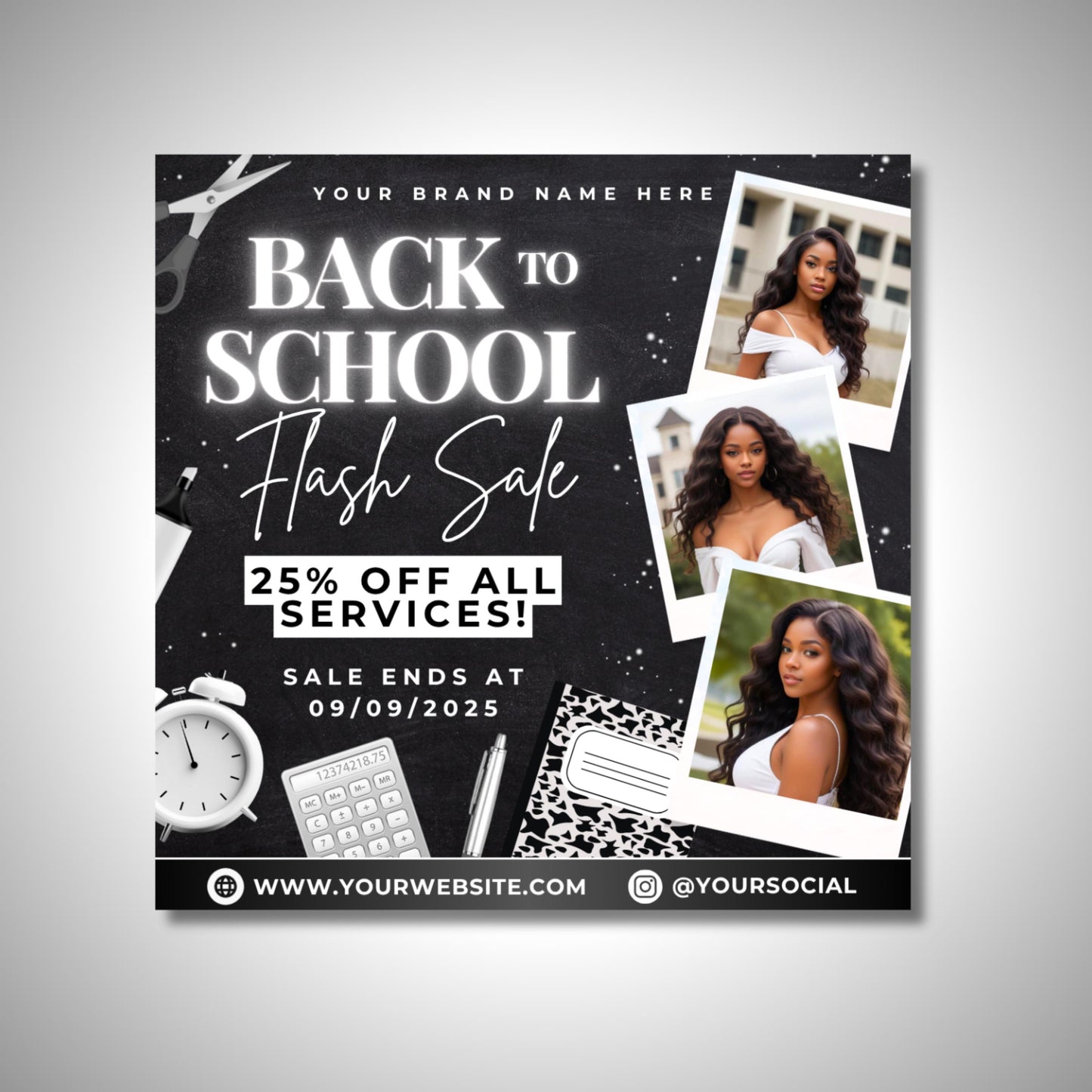 4x back to school beauty flyer, diy flyer template design, school hair specials flyer, back 2 school bookings, premade bnw raffle giveaway