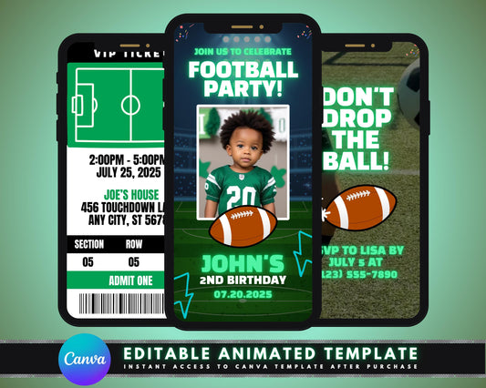 Animated Football Party Invitation, DIY Template Design, Football Birthday Video Invite, Football Theme Event, Premade Sports Party E-invite