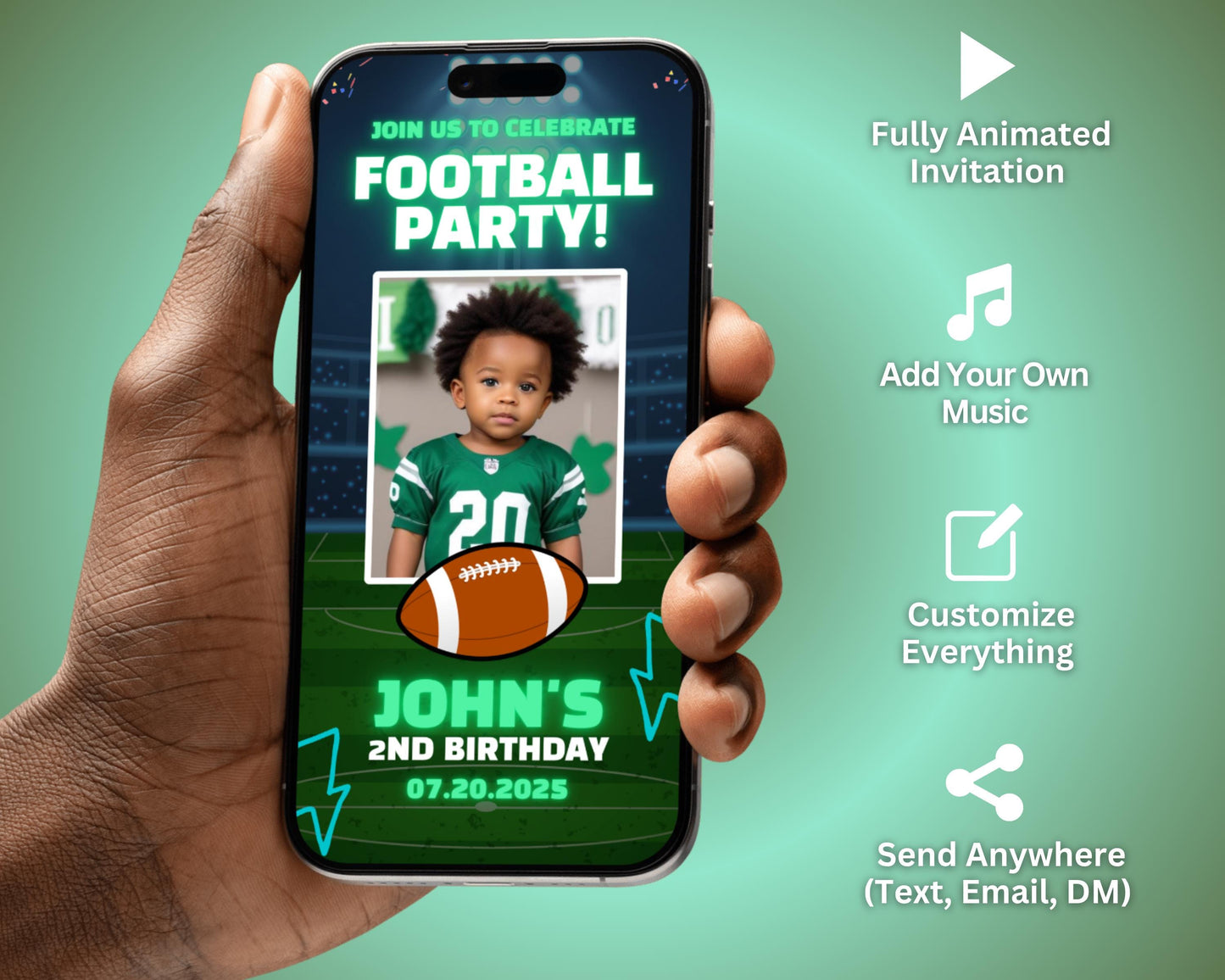 animated football party invitation, diy template design, football birthday video invite, football theme event, premade sports party e-invite