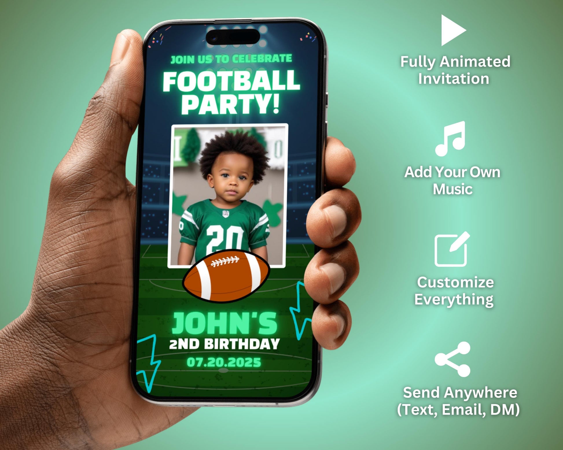 Animated Football Party Invitation, DIY Template Design, Football Birthday Video Invite, Football Theme Event, Premade Sports Party E-invite