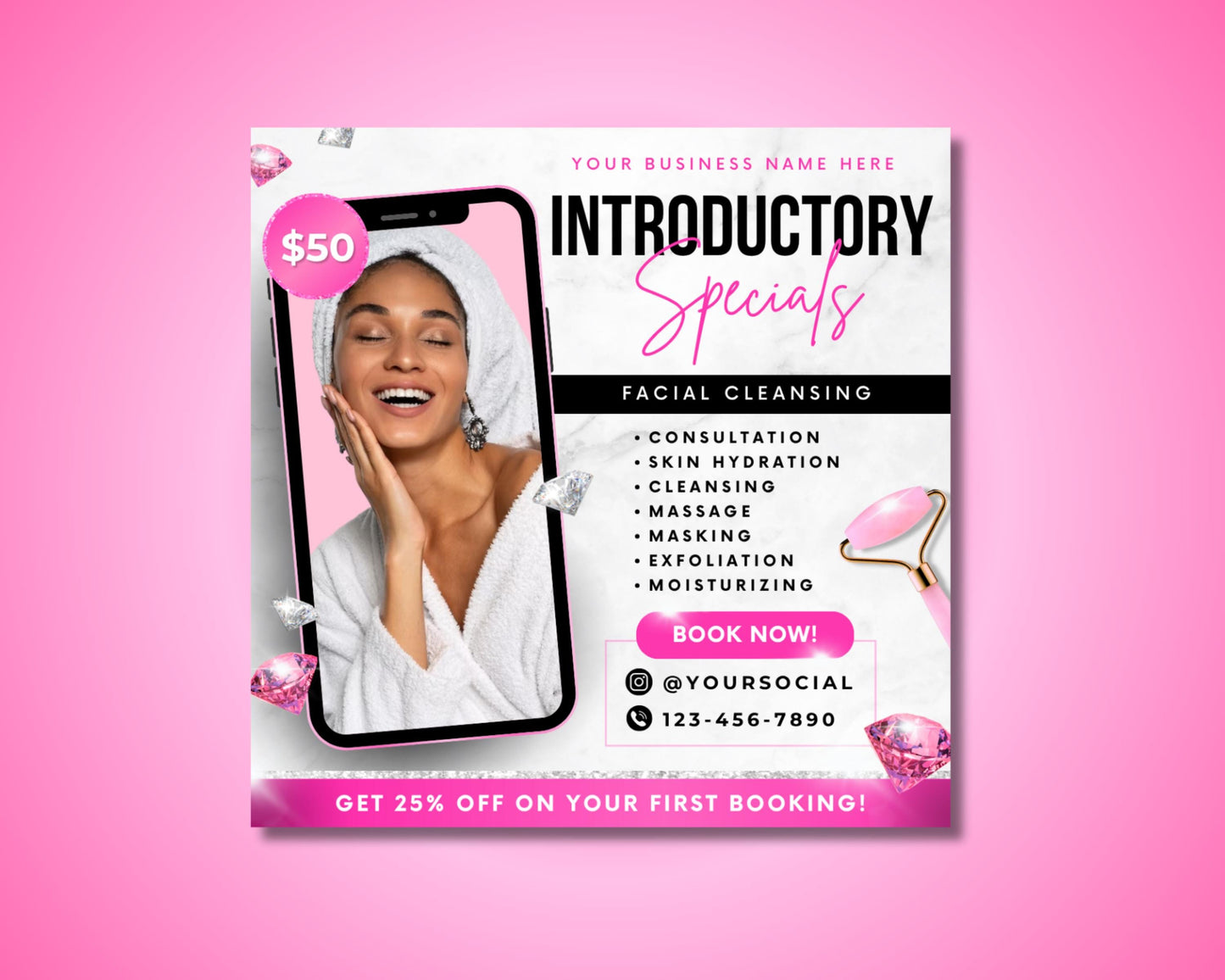 facial treatment
spa flyer
beauty center
esthetician
skincare flyer
facial cleansing
editable flyer
canva template
digital download
spa services
beauty salon
introductory offer
pink flyer
massage facial
exfoliation
book now
small business