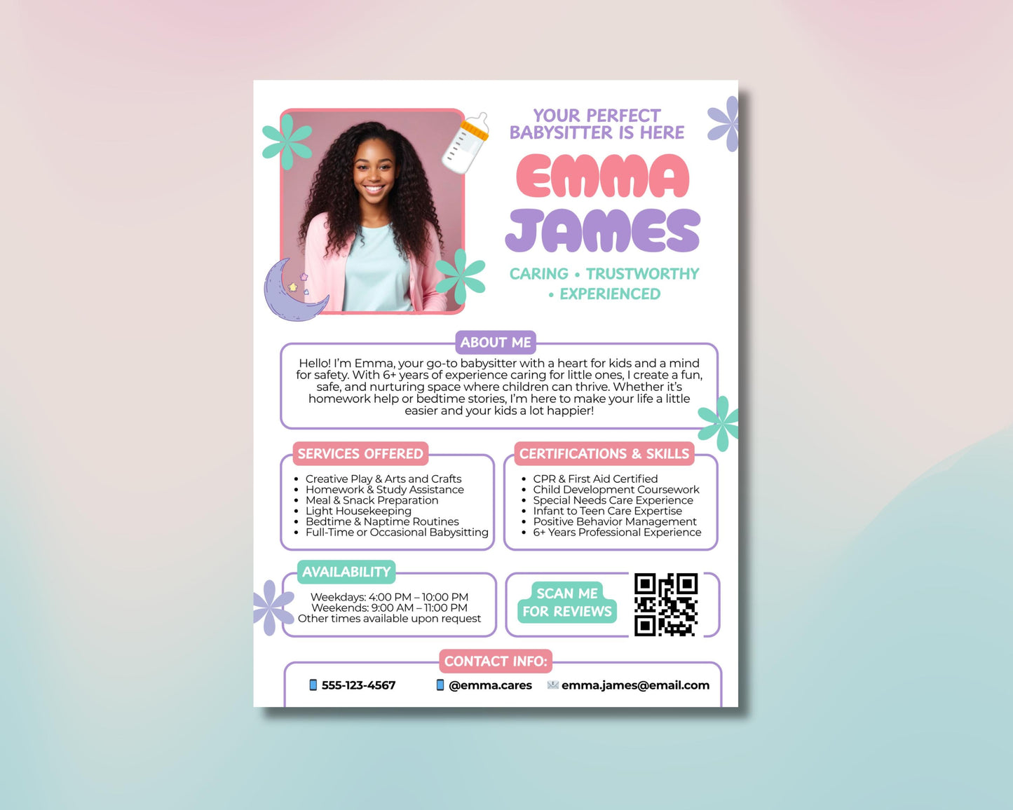babysitter flyer
childcare flyer
nanny flyer
babysitting service
child care
editable flyer
canva template
digital download
parent helper
kids activities
home services
trustworthy sitter
experienced nanny
cpr certified
care provider
small business
marketing flyer
babysitter ad