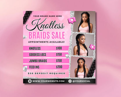 Knotless Braids Flyer, DIY Flyer Template Design, Braids Sale Price List, Braids Appointments, Premade Hair Braiding Salon Beauty Promotion