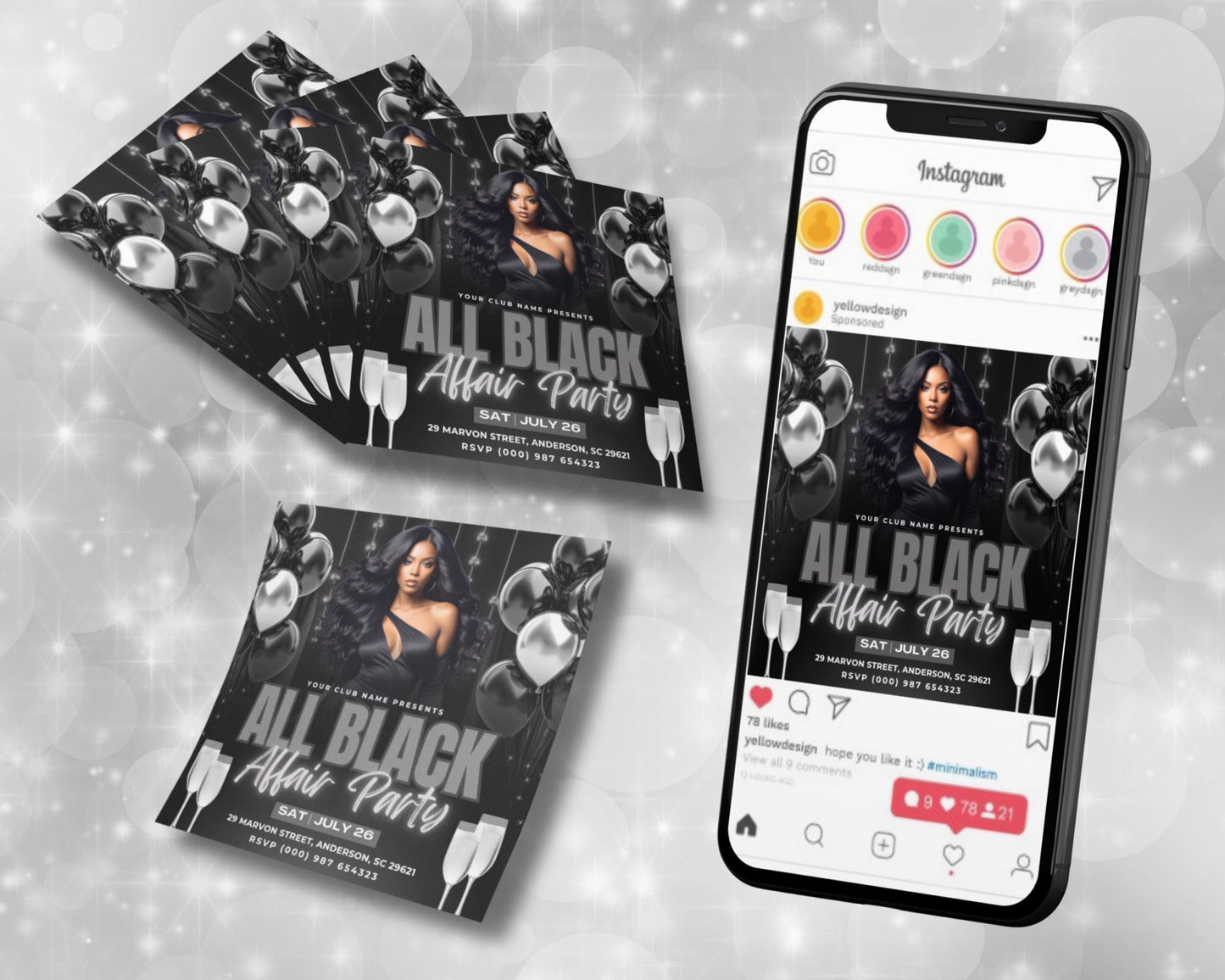 all black party flyer, diy flyer template design, club night party, black theme invite, premade promotional night club event party flyer