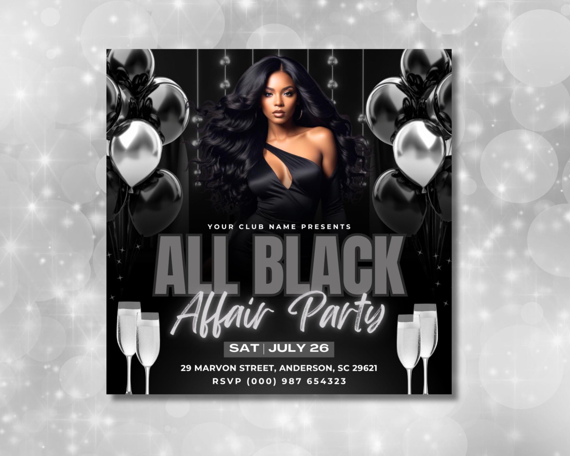 All Black Party Flyer, DIY Flyer Template Design, Club Night Party, Black Theme Invite, Premade Promotional Night Club Event Party Flyer