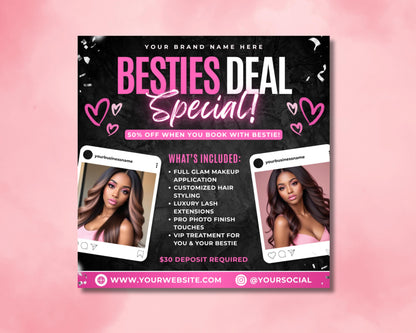 Bring a Friend
Bestfriend Deal
Invite a Friend
Referral Program
Refer a Friend
Get a Friend Bonus
Friend Discount
Freebie for Friends
Friend Perks
Friends and Family
Double the Fun
Twice the Value
Booking Flyer
Salon flyer
Limited Time