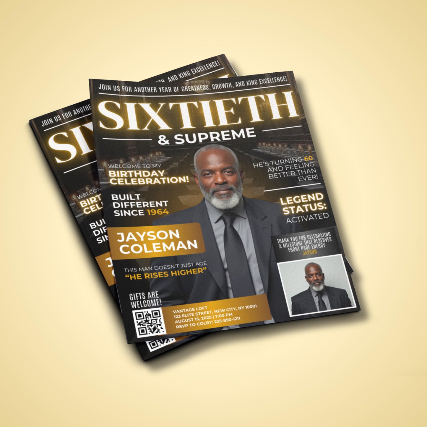men&#39;s birthday
magazine invite
60th birthday
digital invite
editable template
milestone birthday
adult party
birthday dinner
legend status
for him
black and gold
celebration
king excellence
editable men&#39;s magazine 60th birthday dinner invite template
front page energy birthday celebration flyer
birthday invite for dad grandfather husband