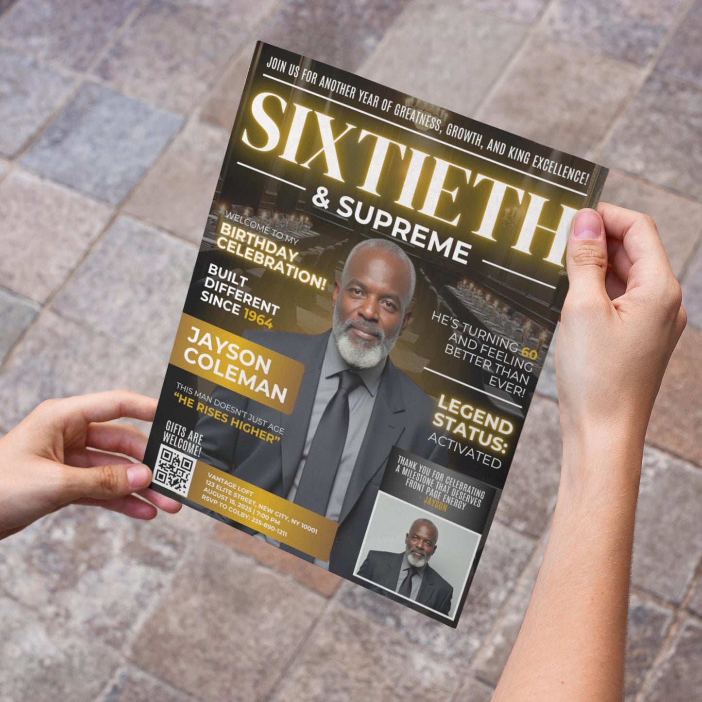 men&#39;s birthday
magazine invite
60th birthday
digital invite
editable template
milestone birthday
adult party
birthday dinner
legend status
for him
black and gold
celebration
king excellence
editable men&#39;s magazine 60th birthday dinner invite template
front page energy birthday celebration flyer
birthday invite for dad grandfather husband