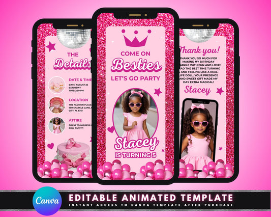 Animated Fashion Doll Invitation, DIY Template Design, Glam Doll Birthday Video Invite, Pink Glitter Doll Party, Premade Girls' Birthday