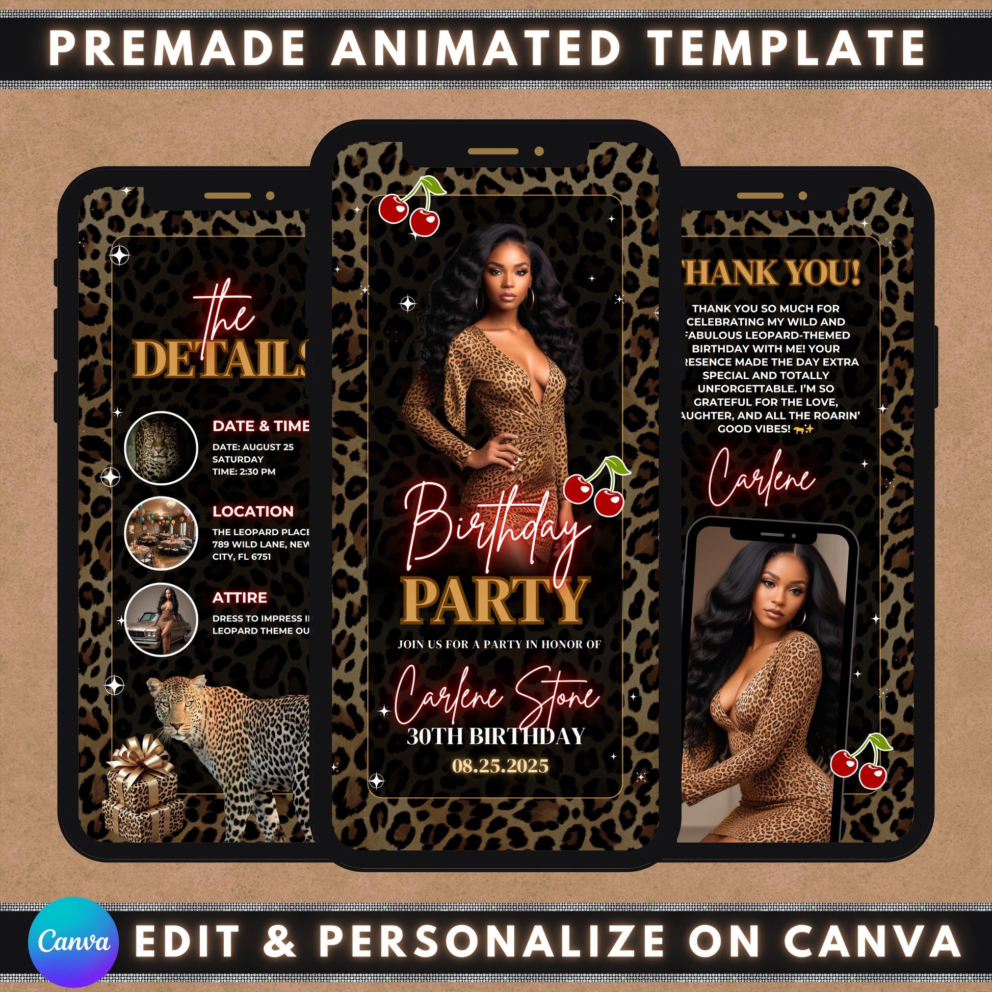 Animated Invite
Leopard Print
Birthday Invitation
Digital Invite
Video Invitation
Adult Birthday
Glam Party
Editable Template
Animal Print
Electronic Invite
Instant Download
Thank You Note
30th Birthday
Women&#39;s Party
Safari Party
Wild Party
Animated Leopard Print Birthday Invitation Template
Digital Animal Print Birthday Video Invite for Her
Editable Leopard Theme 30th Birthday Party Invitation
Customizable Fierce Leopard Birthday Invite for Adults