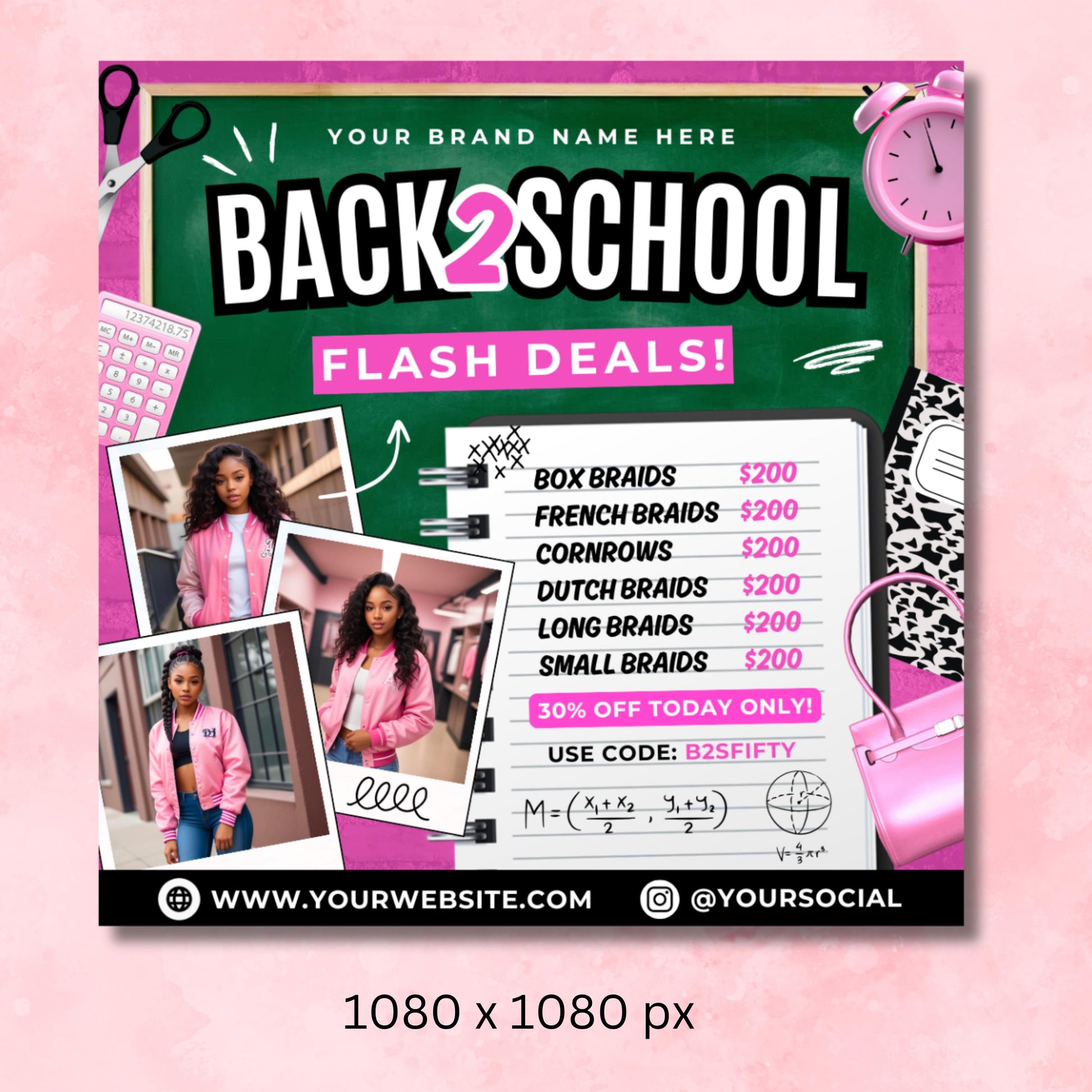 Back to School
Hair Braids
Hair Stylist
Beauty Flyer
Editable Template
Digital Flyer
Canva Template
Bookings Open
Flash Deals
Raffle Flyer
Student Discount
Kids Hair
Braider Marketing
Salon Promotion
Student Haircut & Style Discount Flyer
Kids Back to School Hair Braiding Flyer
Back to School Flash Sale Hair Services Flyer
Enter to Win Hair Raffle Back to School Flyer
Hair Braids Price List Back to School Flyer
School Year Hair Appointments Flyer
Back to School Hair Care Promotion Flyer