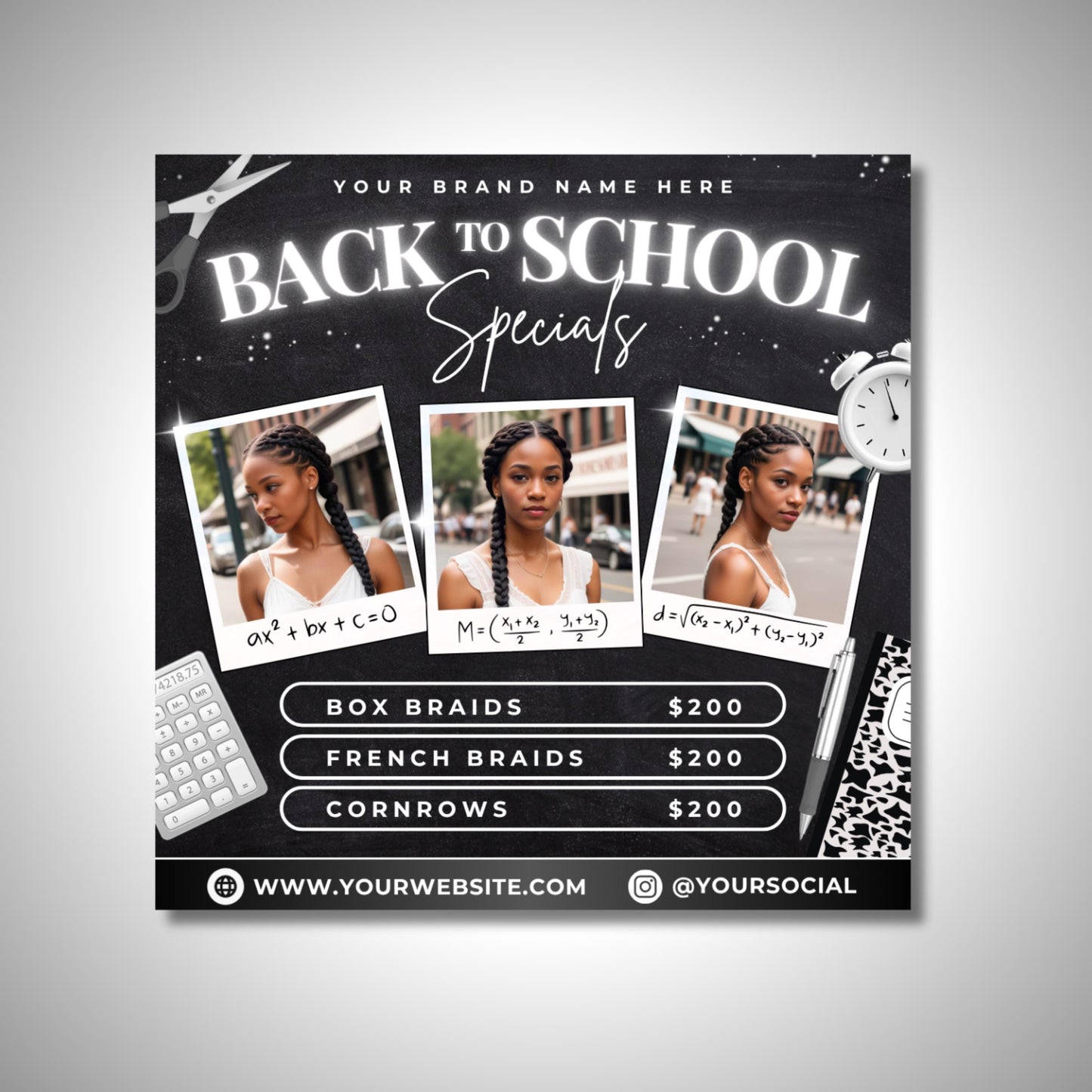 4x back to school beauty flyer, diy flyer template design, school hair specials flyer, back 2 school bookings, premade bnw raffle giveaway