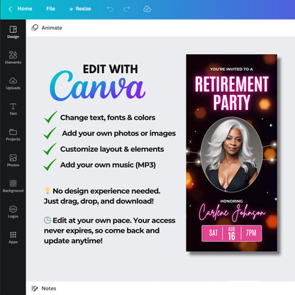 retirement video invite
digital retirement evite
editable canva template
retirement party invite
black and gold invite
phone video invitation
celebration video invite
retirement evite template
animated party invite
canva video invitation
digital phone template
black gold evite
farewell party invite