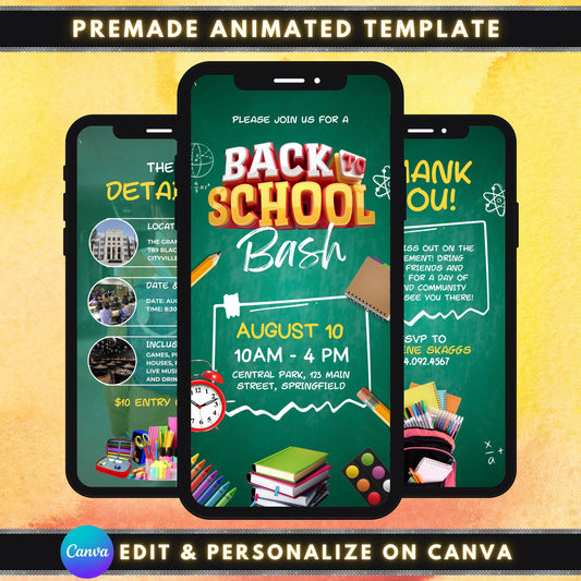 Back to School
Animated Invite
School Bash
Video Invitation
Digital Invite
Editable Template
School Event
Community Party
Instant Download
Chalkboard Theme
Kids Party
Fundraiser Invite
Thank You Note
Animated Back to School Bash Video Invitation Template
Digital School Event Animated Party Invite Editable
Customizable Back 2 School Fun Day Video Invitation
Back to School Bash with Games Prizes Bounce House Invite