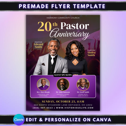 A digital flyer template for a &quot;Pastor Anniversary&quot; event for Community Church. The top half features photos of &quot;Pastor Edward Smith&quot; and &quot;Pastor Almira Smith.&quot; Below them, a purple section highlights &quot;Guest Speakers&quot; with three circular photos. The bottom of the flyer includes event details:  The overall design is dark with gold and pink accents.