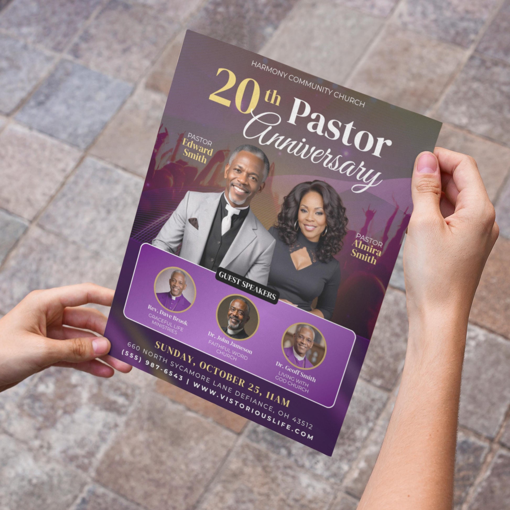 A digital flyer template for a &quot;Pastor Anniversary&quot; event for Community Church. The top half features photos of &quot;Pastor Edward Smith&quot; and &quot;Pastor Almira Smith.&quot; Below them, a purple section highlights &quot;Guest Speakers&quot; with three circular photos. The bottom of the flyer includes event details:  The overall design is dark with gold and pink accents.